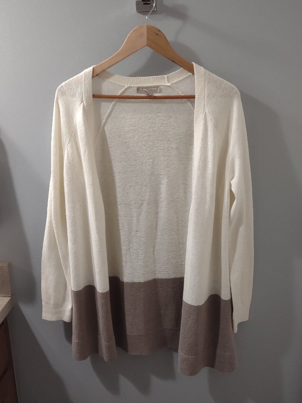 Banana Republic White Brown Colorblock Cotton Linen Open Front Sweater Size L